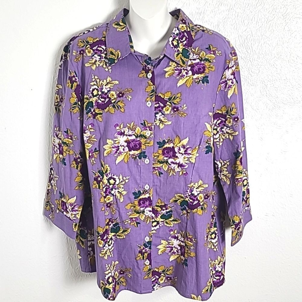 Chadwicks Purple Buttondown Blouse with Purple & Gold Flowers,  Size 18